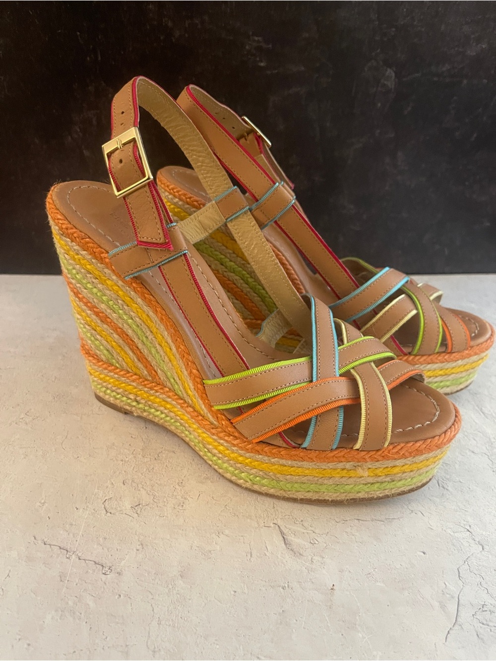 KATE SPADE Natural Leather Multi LADAN Jute Wedge Platform Sandals